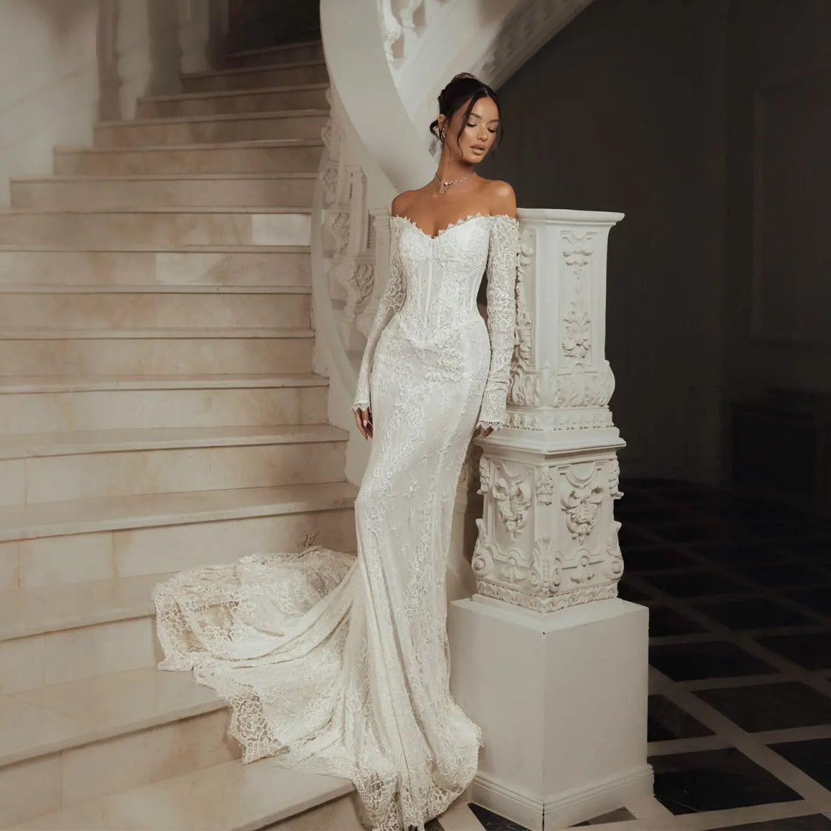 White Off the Shoulder Long Sleeve Lace Mermaid Wedding Dress - VelvetHem