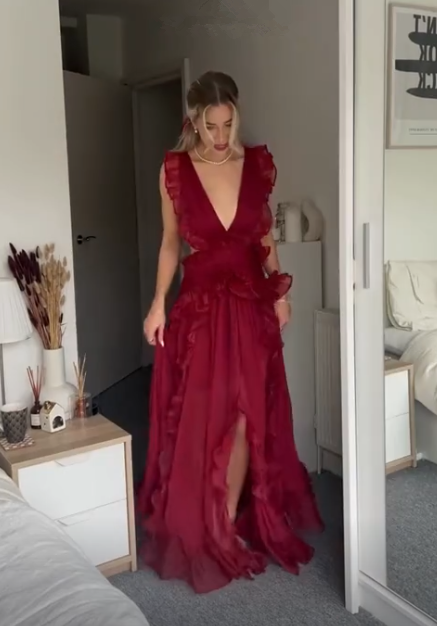 Beautiful Burgundy Chiffon Ruffles Evening Dress Slit Prom Dress Y7715 - VelvetHem