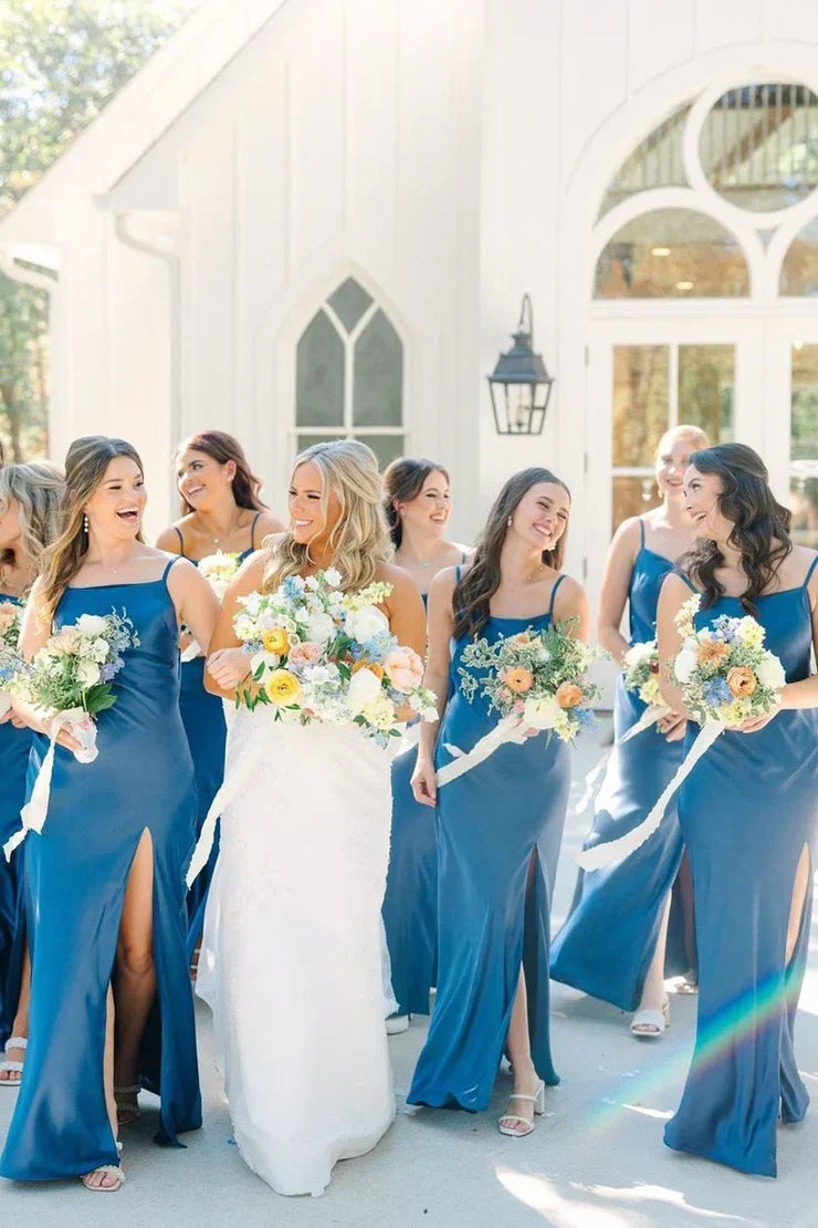 Simple Mermaid Spaghetti Straps Blue Long Bridesmaid Dresses with Bow Back - VelvetHem