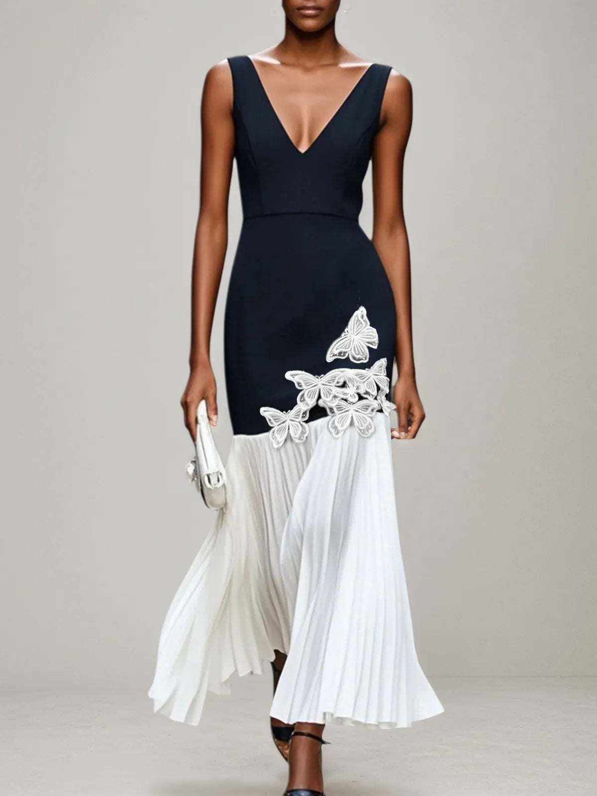 Black Pleated 3D Floral Classic V Neck Sleeveless Mermaid Maxi Dress - VelvetHem