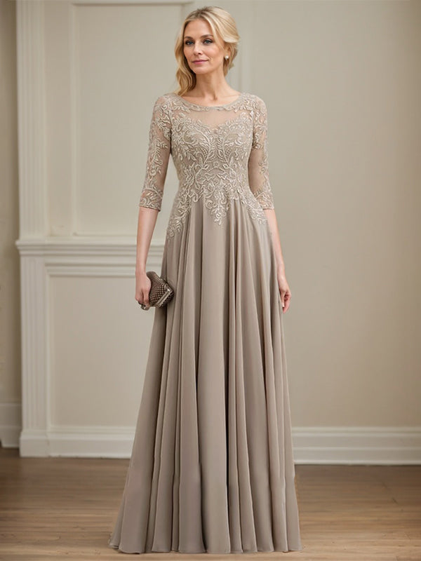 A-line Scoop Illusion Floor-Length Lace Chiffon Mother of the Bride Dress With Sequins - VelvetHem