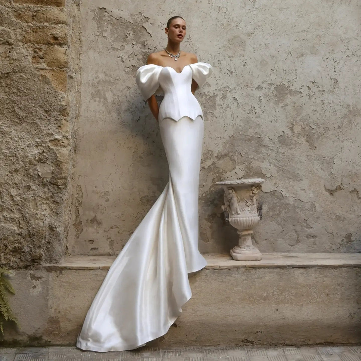 Luxury White Satin Off-the-Shoulder Puff Sleeve Mermaid Wedding Dress ZP126 - VelvetHem