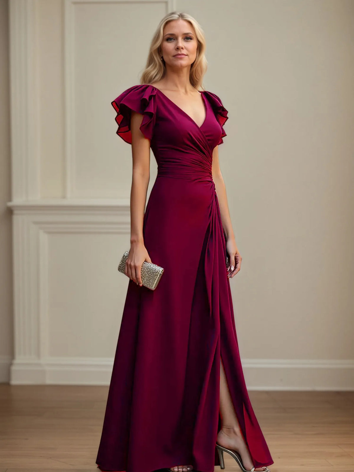 V Neck Ruched Chiffon A Line Mother of the Bride Dress - VelvetHem