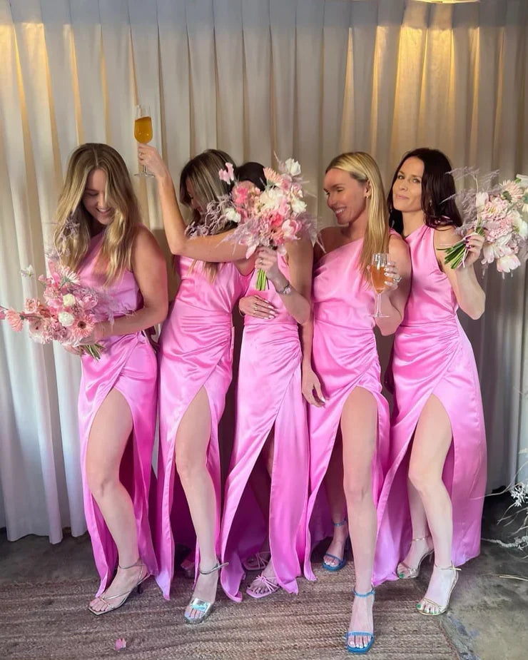 Fashion Sheath One Shoulder Pink Satin Bridesmaid Dresses - VelvetHem