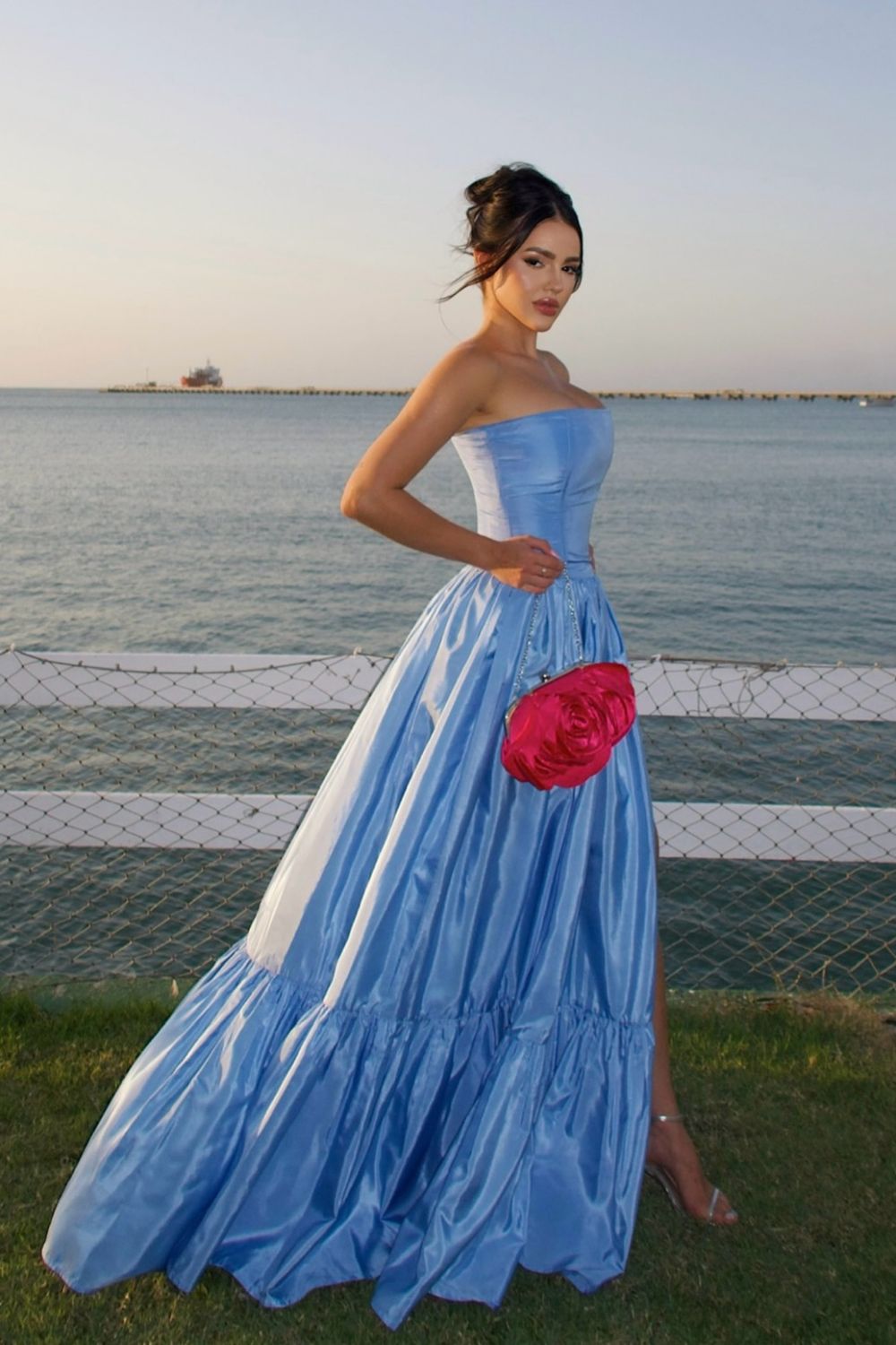 Charming A Line Strapless Blue Satin Long Prom Dress with Split Front - View 2 | VelvetHem