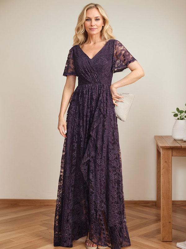 A-Line V-Neck Asymmetrical Lace Mother of the Bride Dress With Cascading Ruffles - VelvetHem