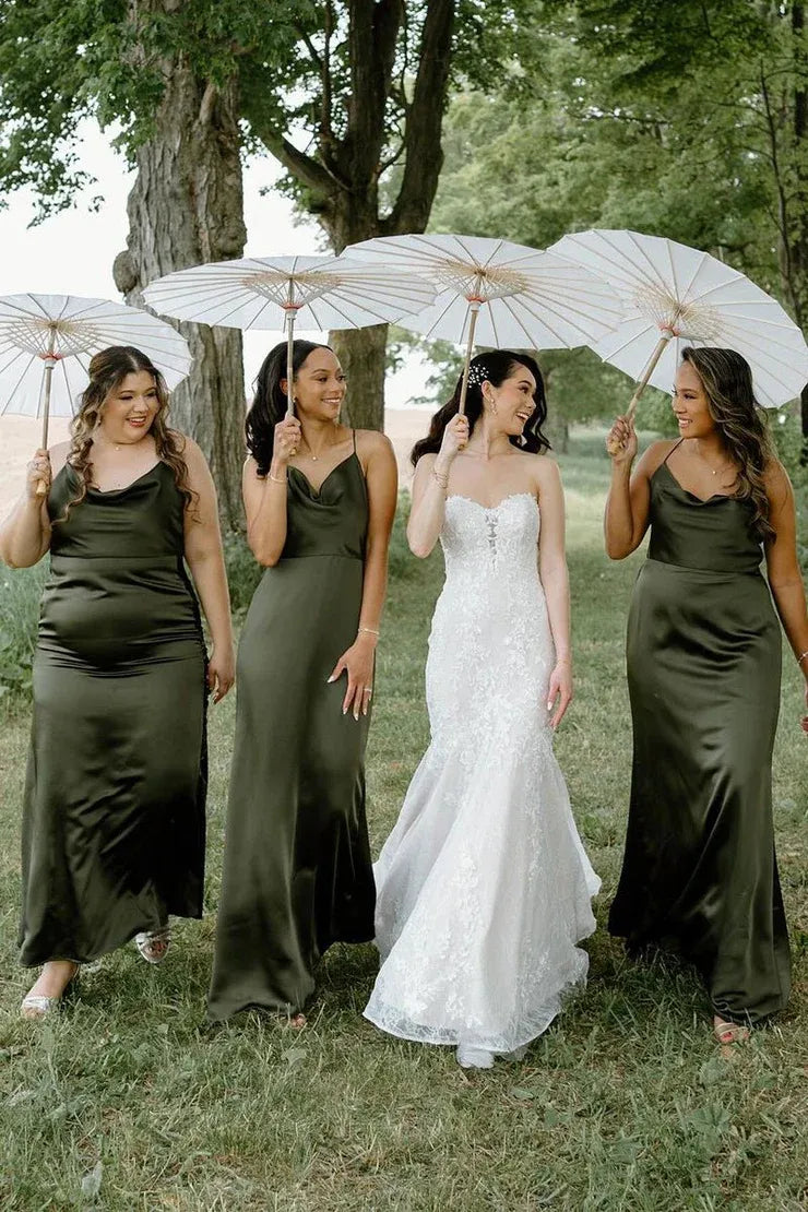 Hunter Green Silk Satin Cowl Neck Bridesmaid Dresses - VelvetHem