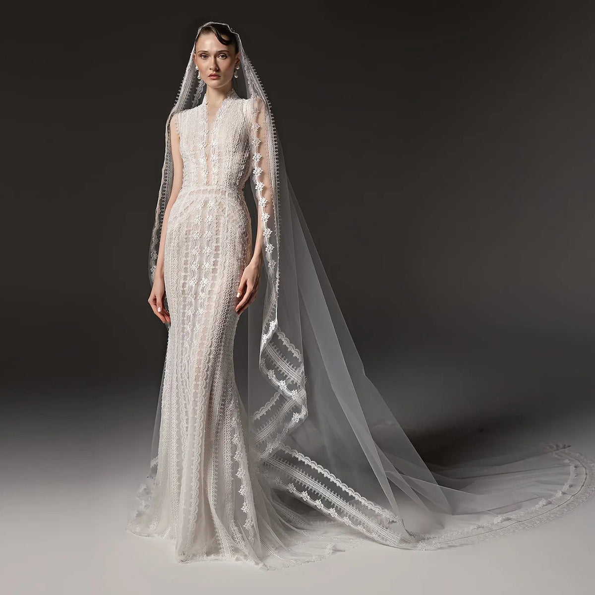 Elegant Ivory High Neck Sheer Lace Long Sleeves Mermaid Wedding Dress with Veil ZP085 - VelvetHem