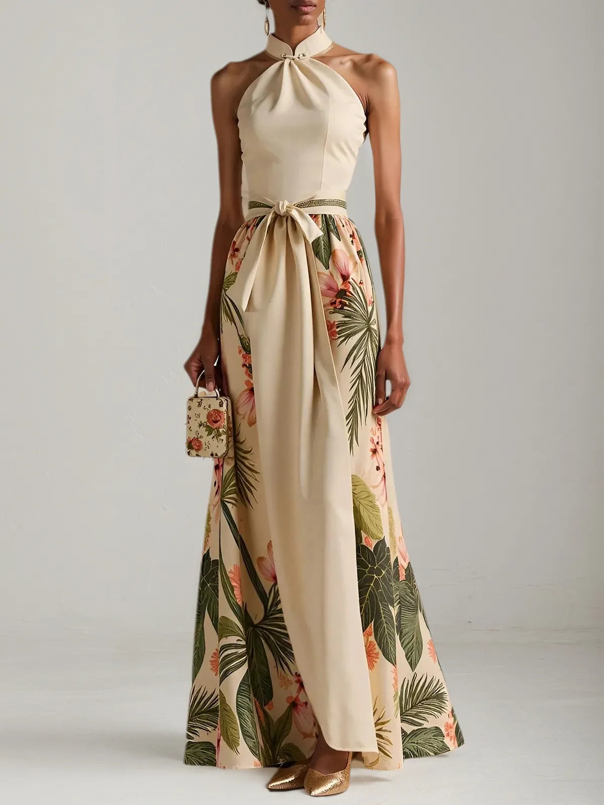 Beige Bow Classic Halter Floral Sleeveless A-Line Maxi Dress - VelvetHem