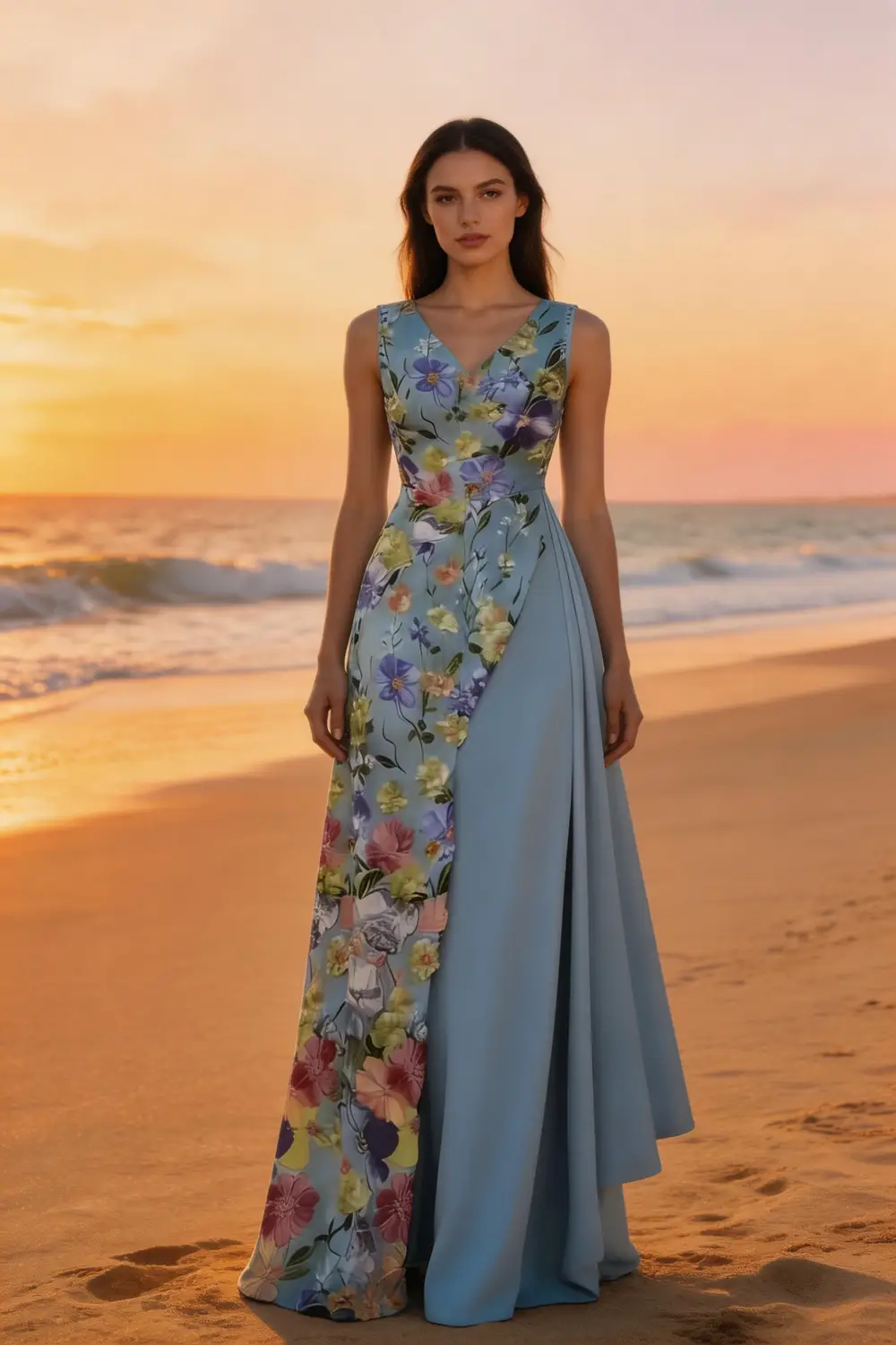 Sky Blue Floral Print Asymmetrical Maxi Dress For Summer Events (ZD17078) - VelvetHem