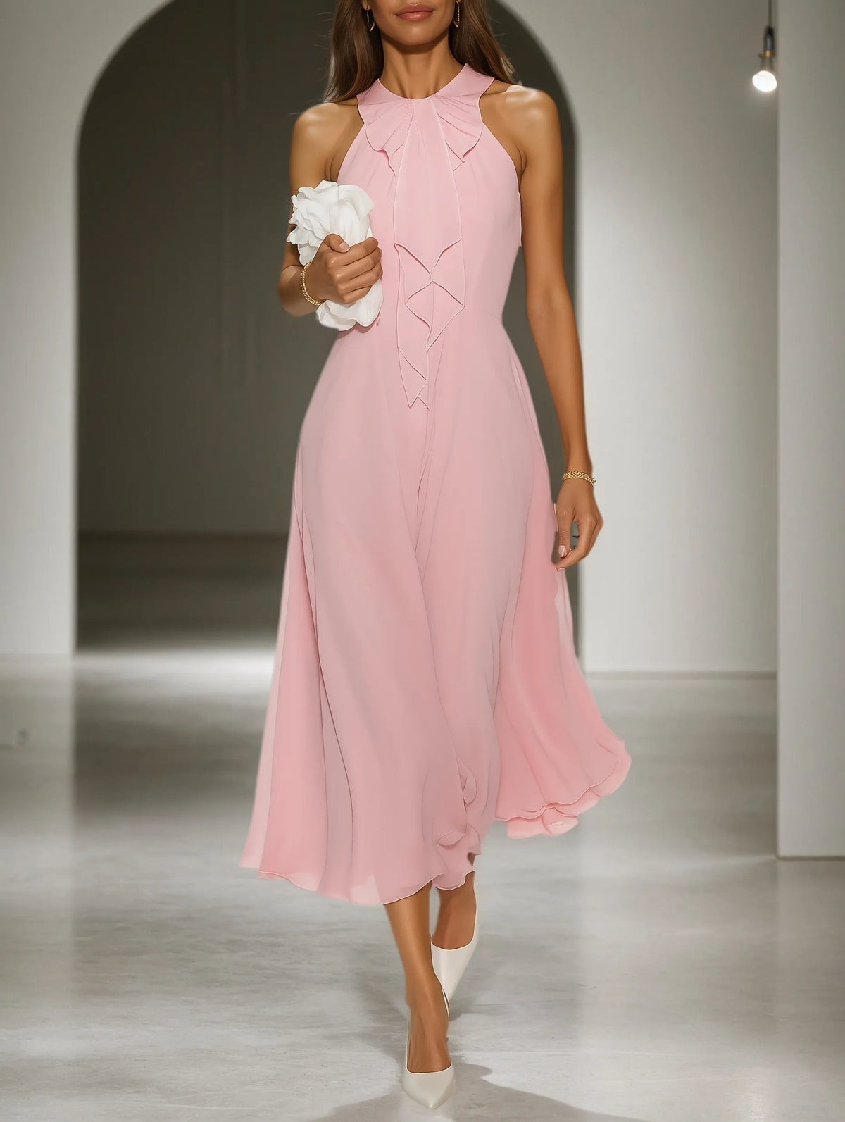 Pink Bow Peplum Chiffon Halter Sleeveless A-Line Midi Dress - VelvetHem