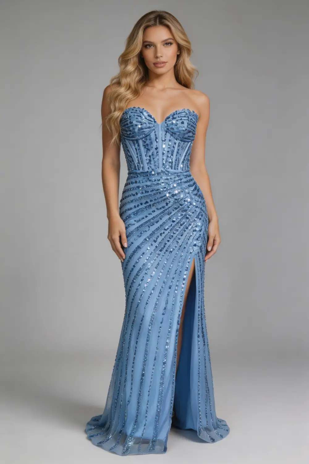 Sky Blue Sequin Strapless Mermaid Prom Dress With High Slit (ZD17137) - VelvetHem