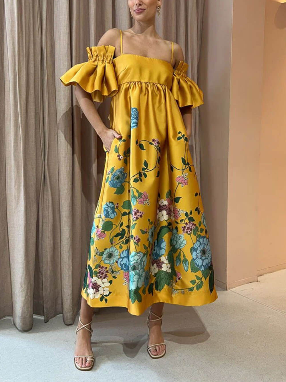 Fiora Exclusive Dress with Marigold Flower Sleeves Premium Wardrobe Essential