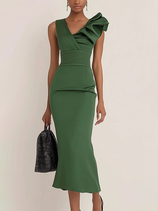 Work Semi-Formal Dress Green Sleeveless Ruffle Fitted Midi Dress - VelvetHem