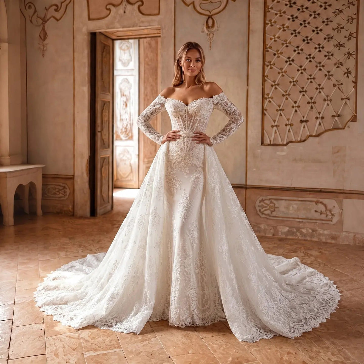 White Lace Mermaid Wedding Dress Off the Shoulder with Detachable Train and Long Sleeves ZP014 - VelvetHem