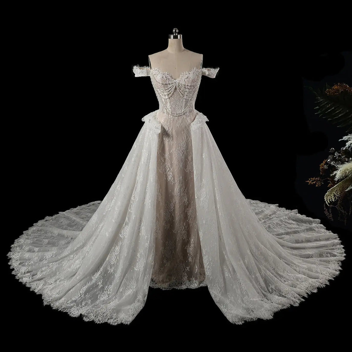 Opulent Ivory Off-the-Shoulder Beaded Lace Tulle Ball Gown Wedding Dress ZP127