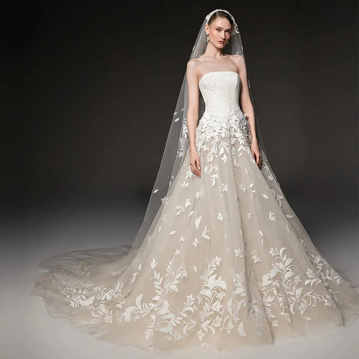 Dreamy Ivory Strapless Floral Lace Mermaid Train Wedding Dress with Veil ZP083 - VelvetHem