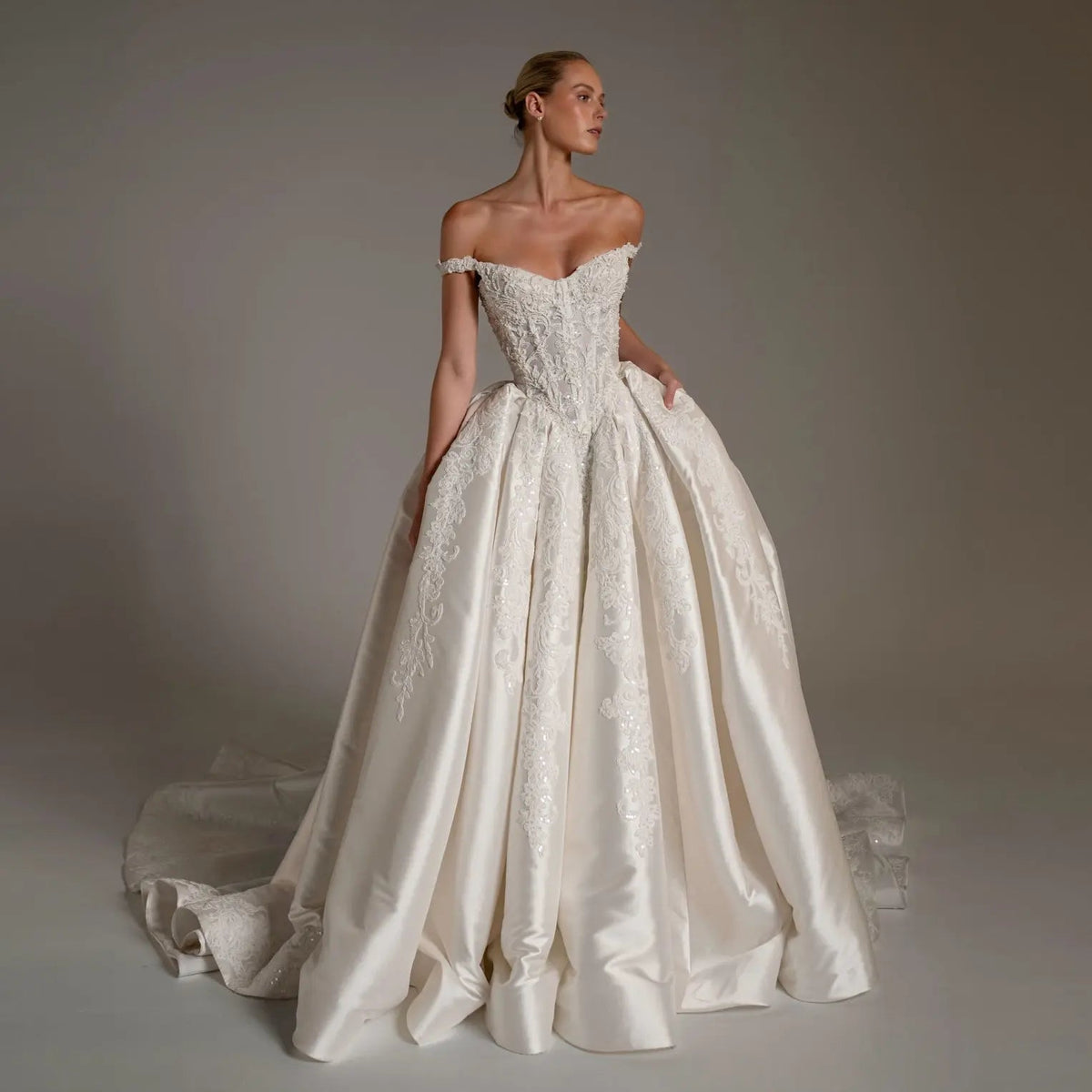 Luxury White Lace Embroidery Satin Train Wedding Dress ZP143 - VelvetHem