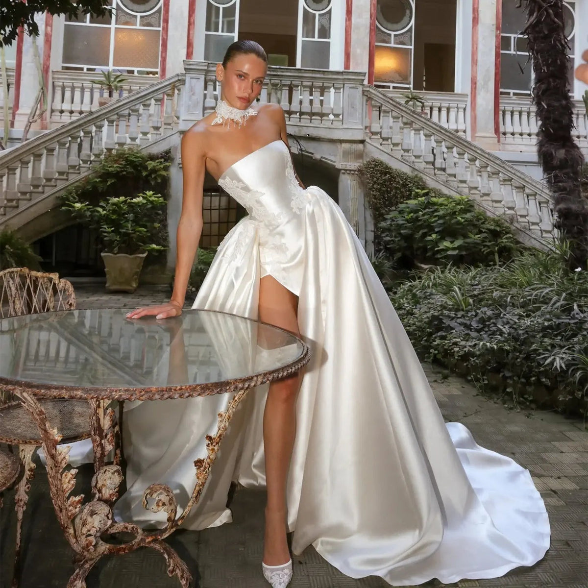 Luxury White Satin Strapless High Slit Ball Gown Wedding Dress with Choker ZP118 - VelvetHem