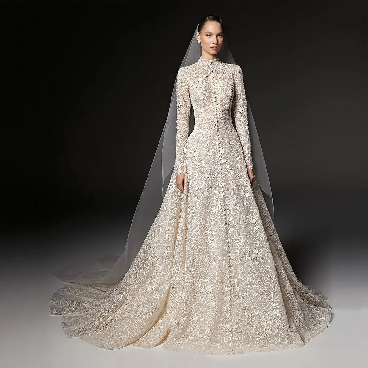 Luxury Champagne High Neck Long Sleeve Lace A-Line Wedding Dress with Buttons ZP079 - VelvetHem