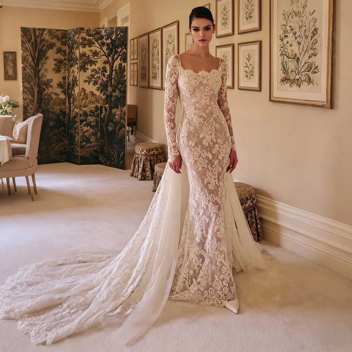 Romantic Ivory Long Sleeve Lace Mermaid Wedding Dress with Overskirt ZP076 - VelvetHem