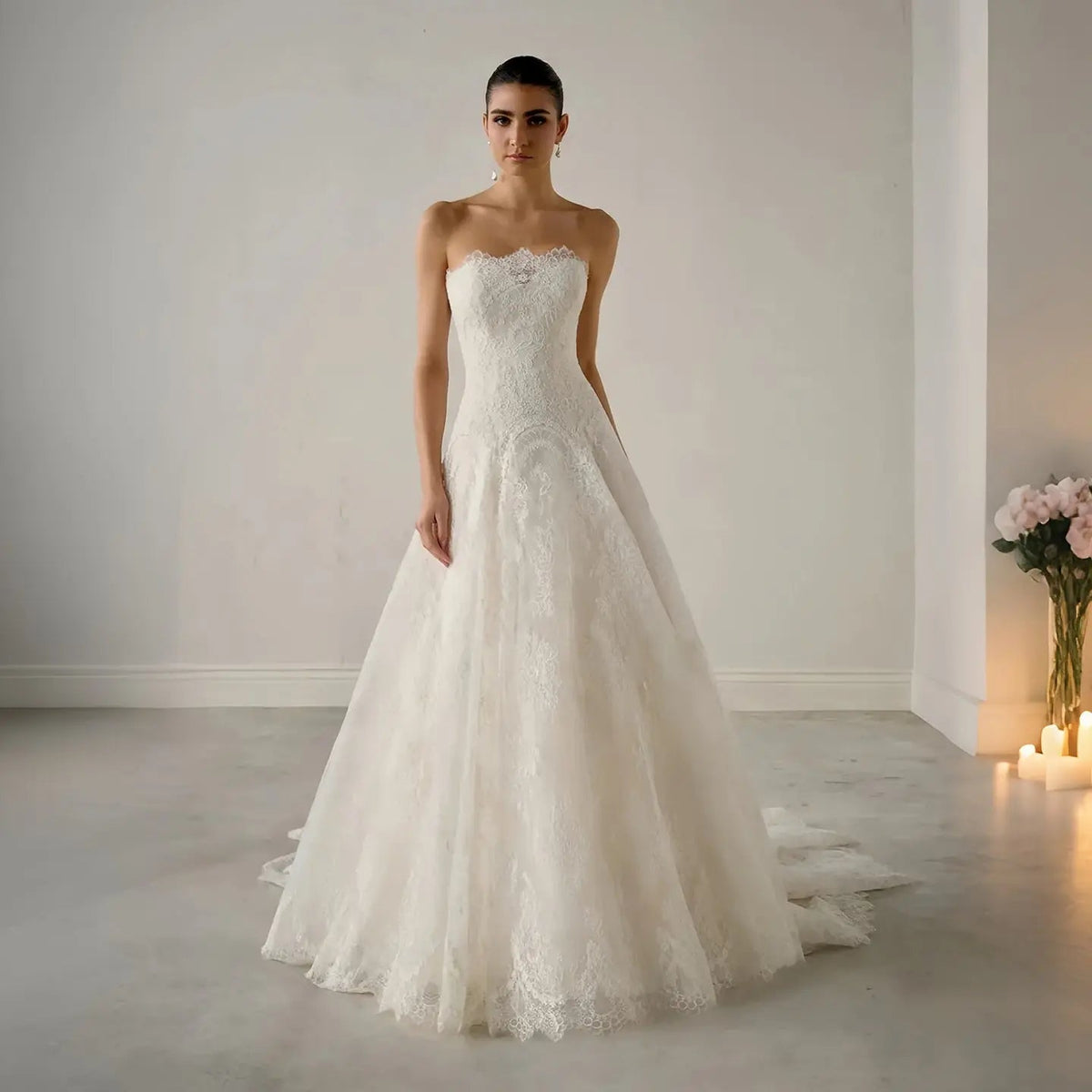 White Classic Eyelash Lace A Line Wedding Dress for Bride ZP208 - VelvetHem