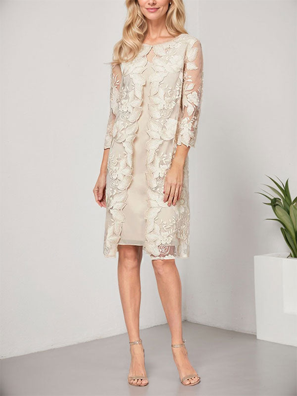 A-line Scoop Knee-Length Chiffon Lace Mother of the Bride Dress With Jacket - VelvetHem