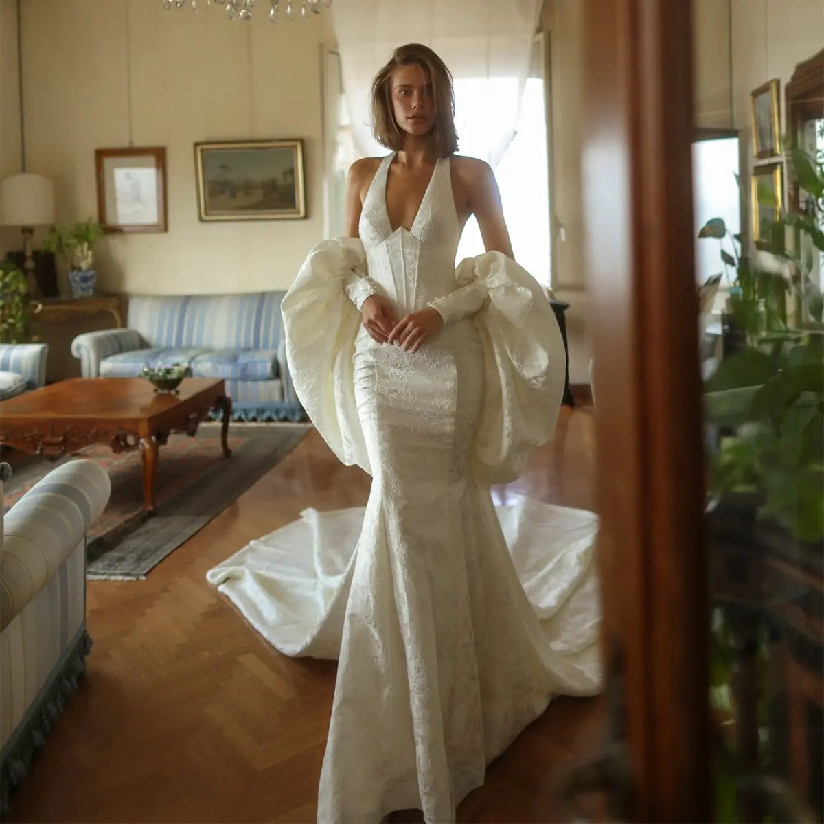 Elegant Ivory Halter Neck Puff Sleeve Mermaid Wedding Dress with Train ZP116