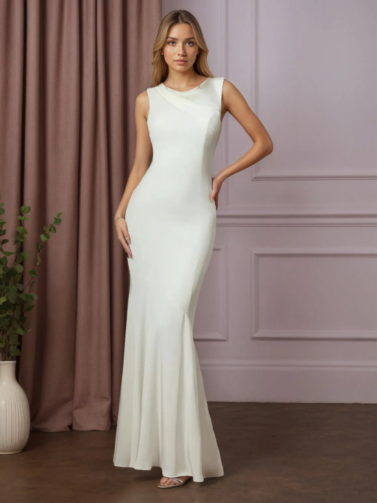 White Mermaid Boat Neckline Stretch Crepe Wedding Dress - VelvetHem