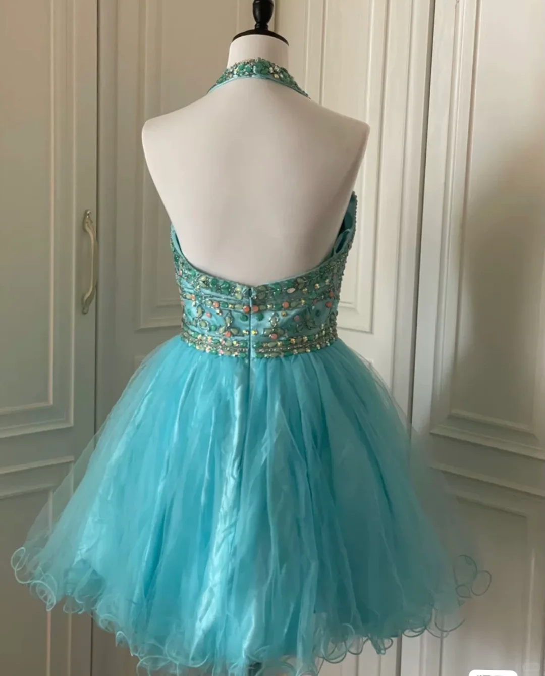 Vintage Blue Halter Tulle Beaded A Line Short Party Dress Formal Homecoming Dress