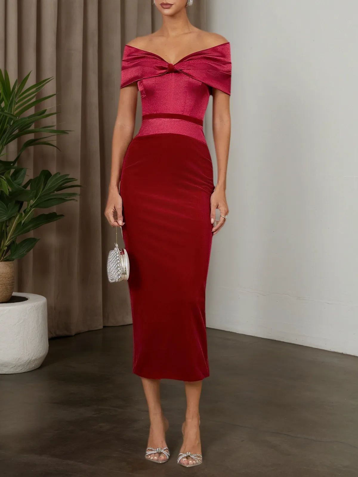 Wine Red Velvet Off The Shoulder Short Sleeve Sheath Maxi Dress - VelvetHem