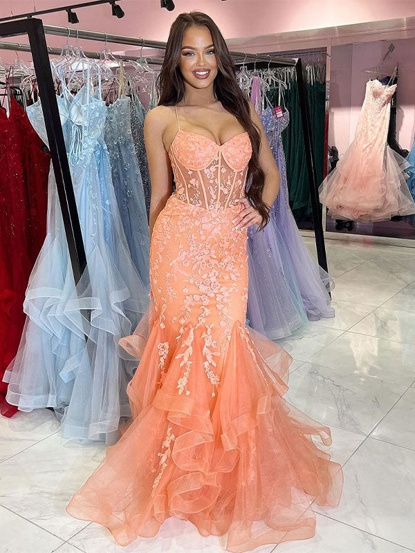 Orange Mermaid Spaghetti Tulle Tiered Long Prom Dress with Appliques - VelvetHem