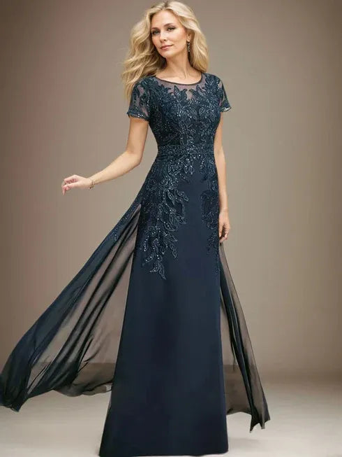 Sheath/Column Scoop Illusion Floor-Length Lace Chiffon Mother of the Bride Dress With Sequins - VelvetHem