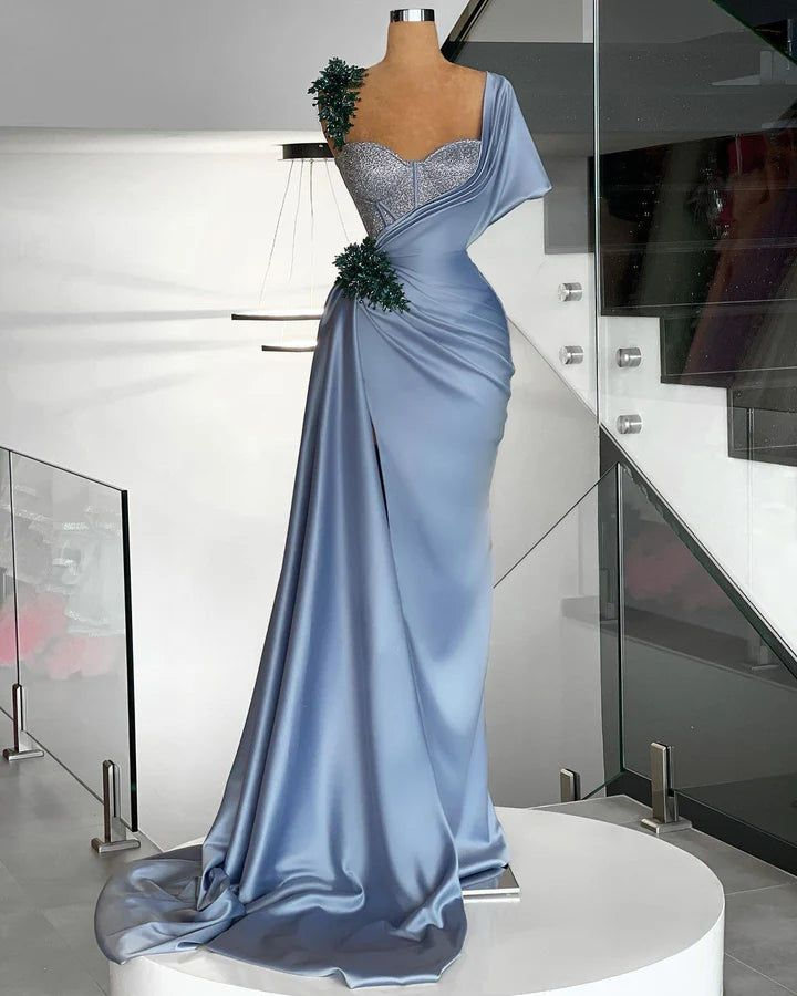 Gorgeous Blue Satin Beaded Mermaid Evening Dress Long Formal Prom Dress Y8520 - VelvetHem