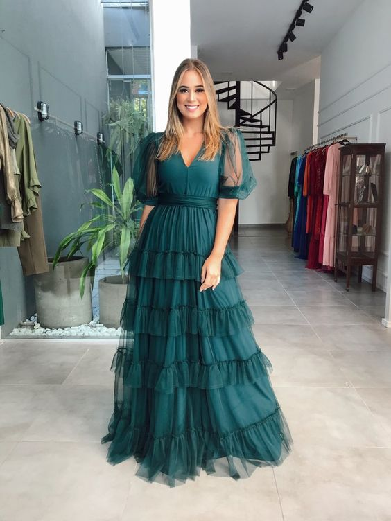 Green A-line V Neck Tulle Multi-layered Prom Dress Green Evening Dress Y6218 - VelvetHem