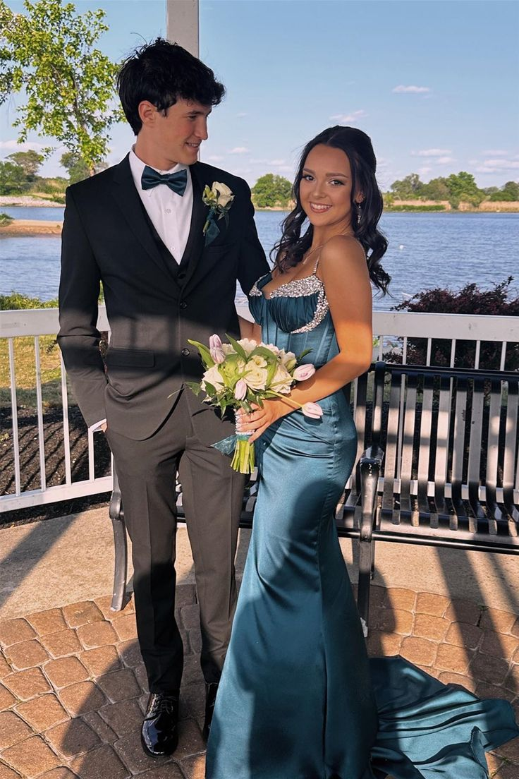 Ink Blue Beaded Mermaid Straps Satin Long Prom Dress with Slit - VelvetHem