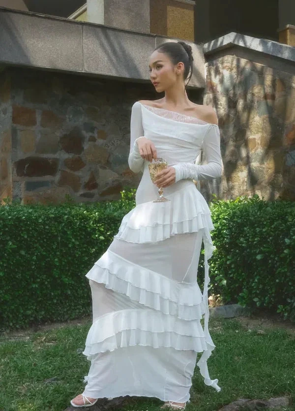 Classy Sheath Lace Chiffon Ruffles Prom Evening Dress,White Wedding Dress (ZD13738)