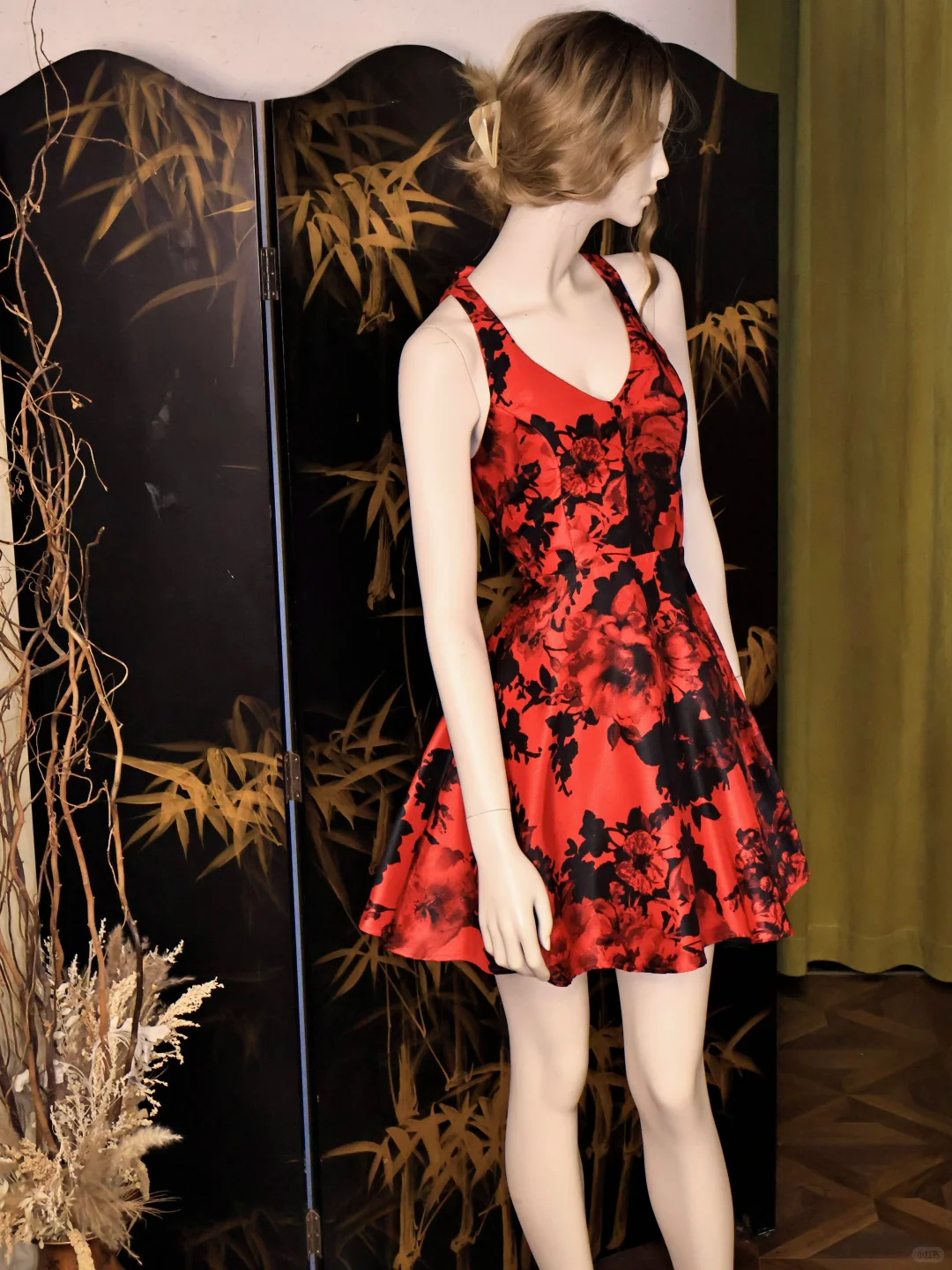 Vintage V Neck Red Satin Print Floral A Line Birthday Party Dress Bow Backless Formal Homecoming Dress
