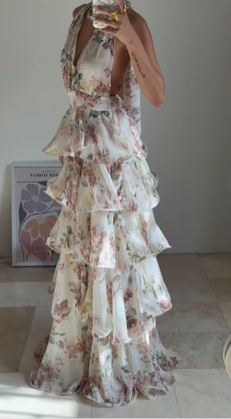 Gorgeous Halter Chiffon Print Floral Layered Evening Dress,Back A Line Prom Party Dress - View 2 | VelvetHem