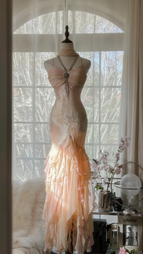 Charming Mermaid Beaded Ruffles Prom Dress,Chiffon Evening Dress - View 5 | VelvetHem