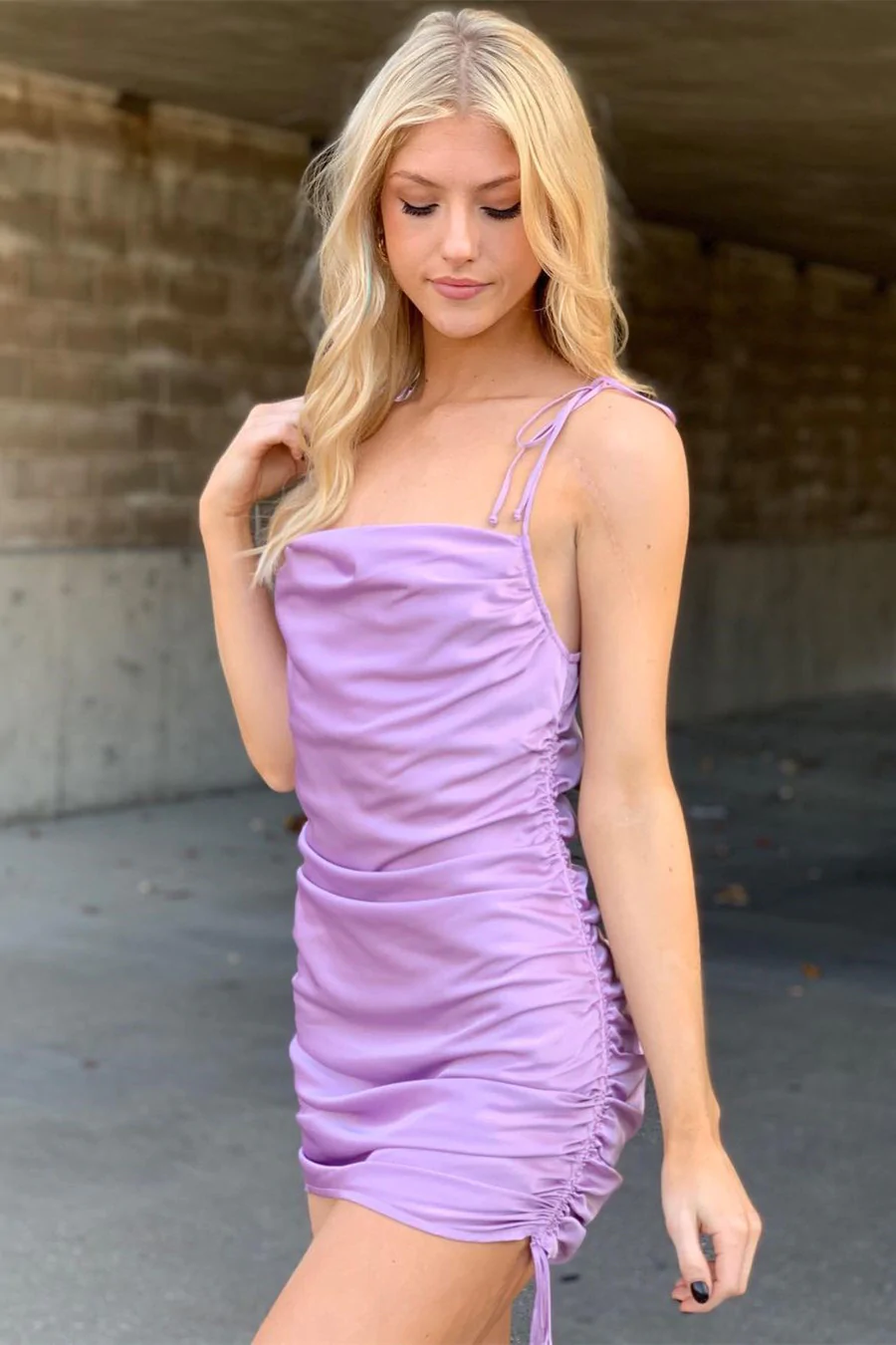 Tie Shoulder Lilace Pleated Homecoming Dress Party Dress - VelvetHem