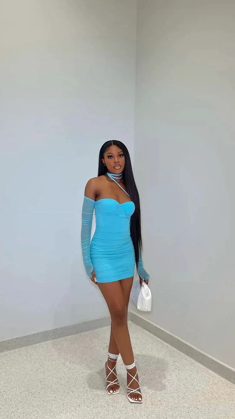 Long Sleeve Sweetheart Neck Mesh Mini Dress Sexy Blue Mini Homecoming Dress (ZD12705)