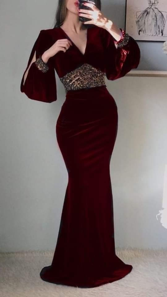 Elegant Burgundy Deep V Neck Mermaid Evening Dress,Pageant Dress - VelvetHem