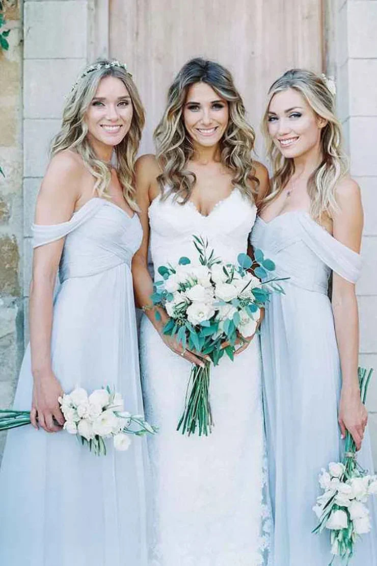 Light Blue A-Line Off the Shoulder Long Chiffon Boho Bridesmaid Dress - VelvetHem