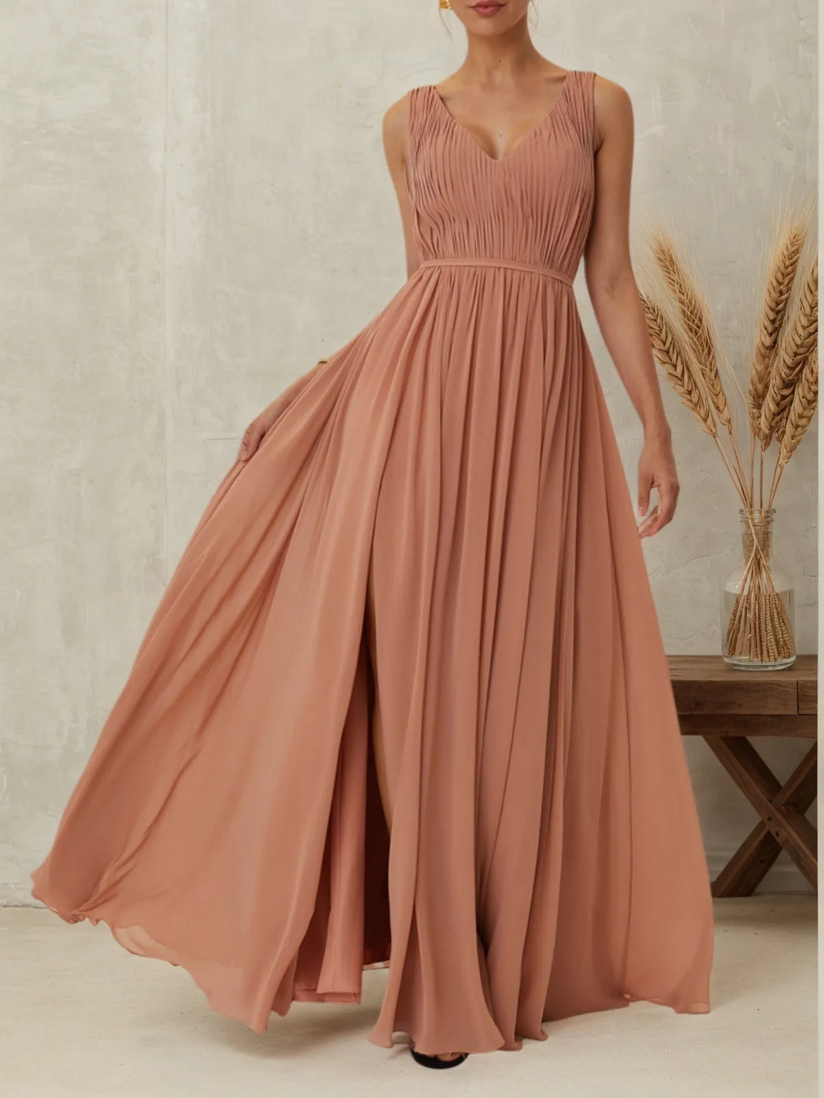 Pink Ruched Prom Dress V Neck Sleeveless A-Line Maxi Bridesmaid Dress - VelvetHem
