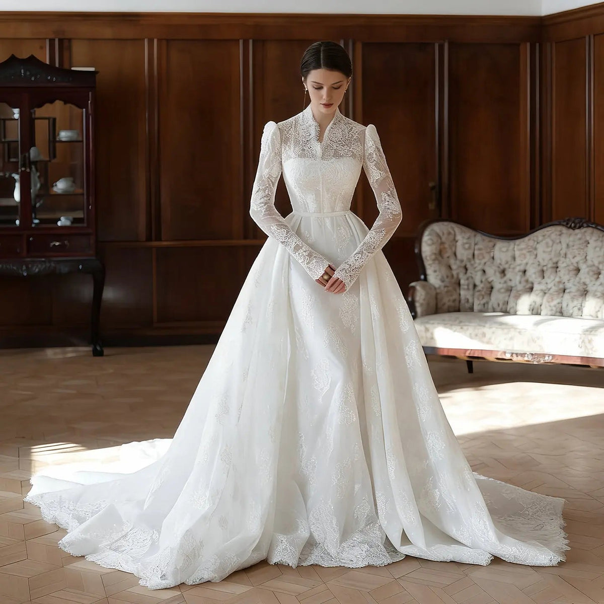 Elegant White Lace High Neck Long Sleeve A-Line Wedding Dress ZP103 - VelvetHem