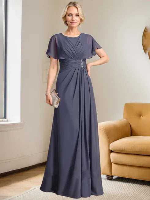 A-line Scoop Floor-Length Chiffon Mother of the Bride Dress With Pleated Beading - VelvetHem