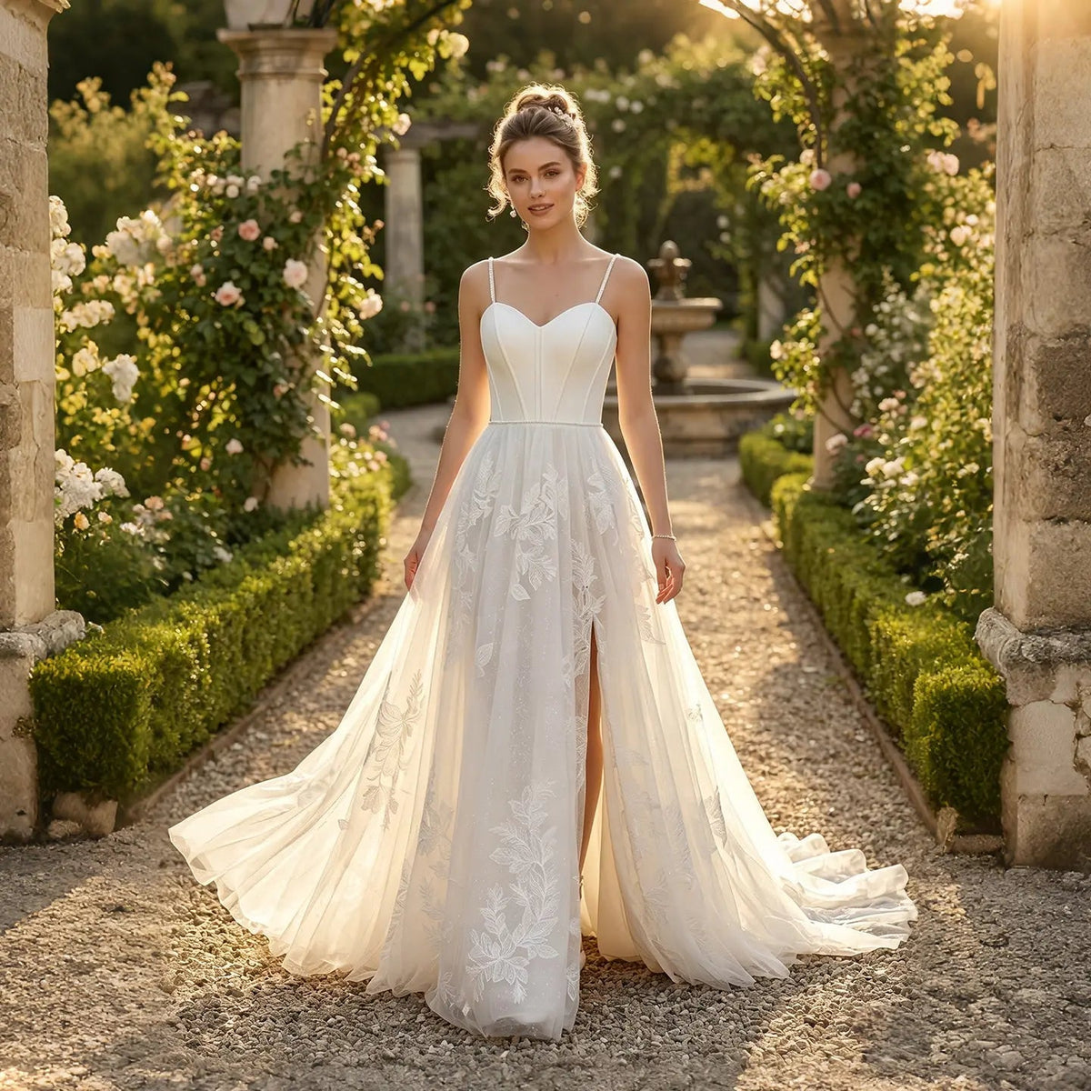 Elegant White Spaghetti Strap Satin Bodice Lace Tulle Wedding Dress with Train ZP065