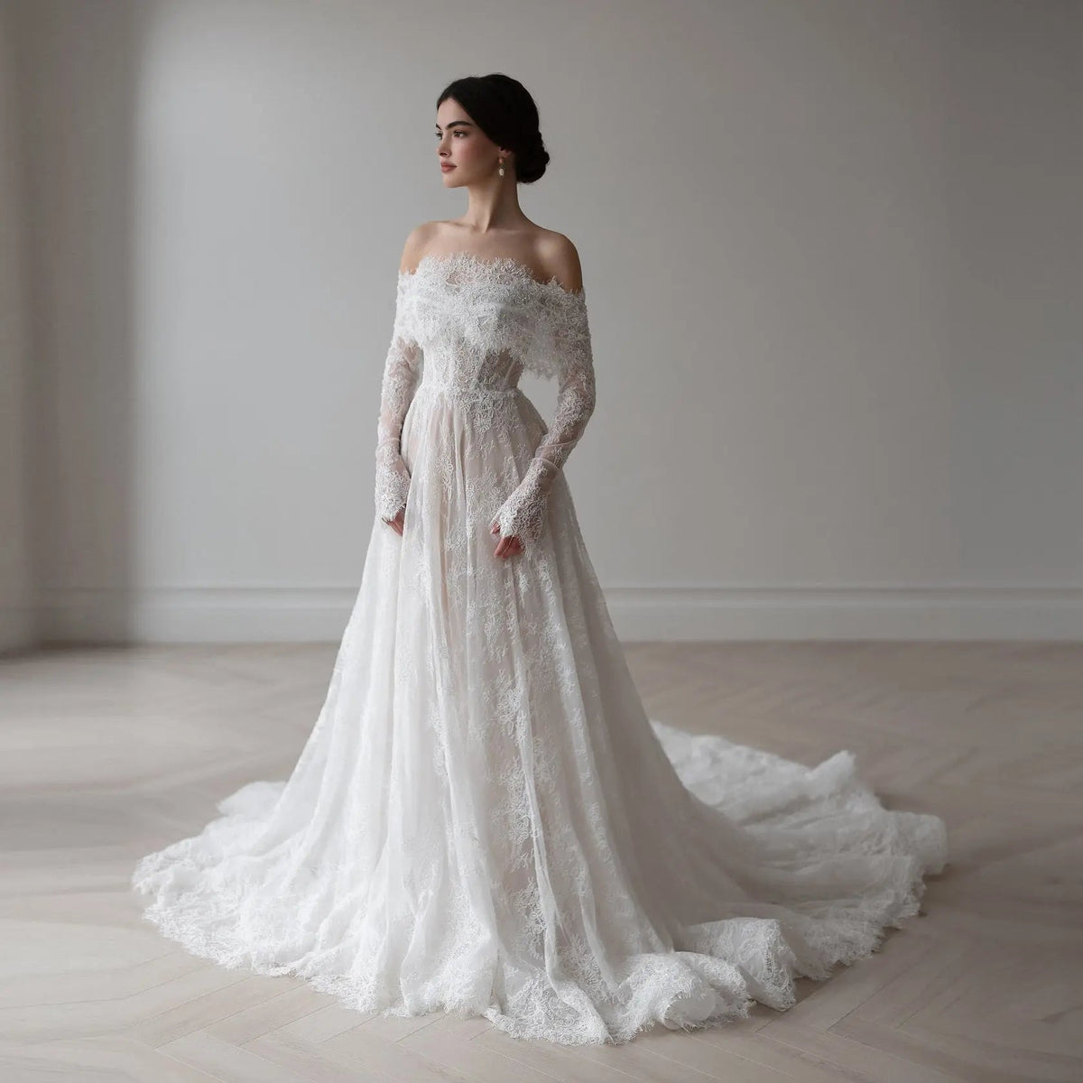 Luxury Off Shoulder Wedding Dress with Long Sleeves ZP175