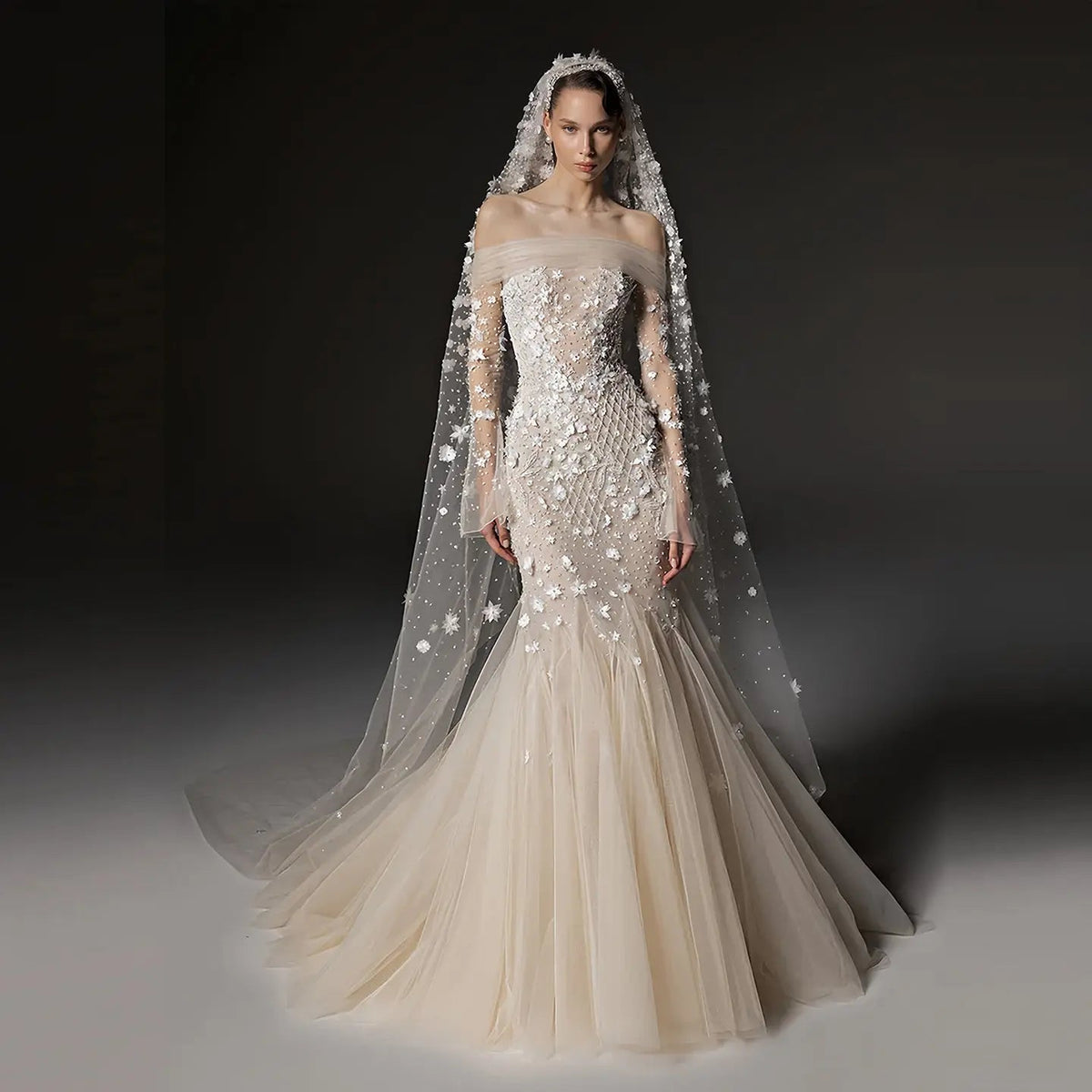 Glamorous Champagne Off-the-Shoulder Beaded Floral Mermaid Wedding Dress with Veil ZP078 - VelvetHem